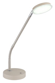 Moderne LED-Schreibtischlampe in Beige und Silber mit flexiblem Schwanenhals und rundem Fuß, freigestellt auf weißem Hintergrund, in schräger Frontansicht von leicht oben