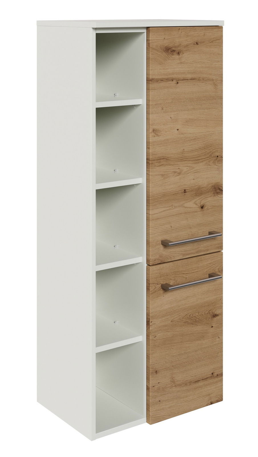 Midischrank mit weißem Korpus und Holztüren, seitliche Perspektive