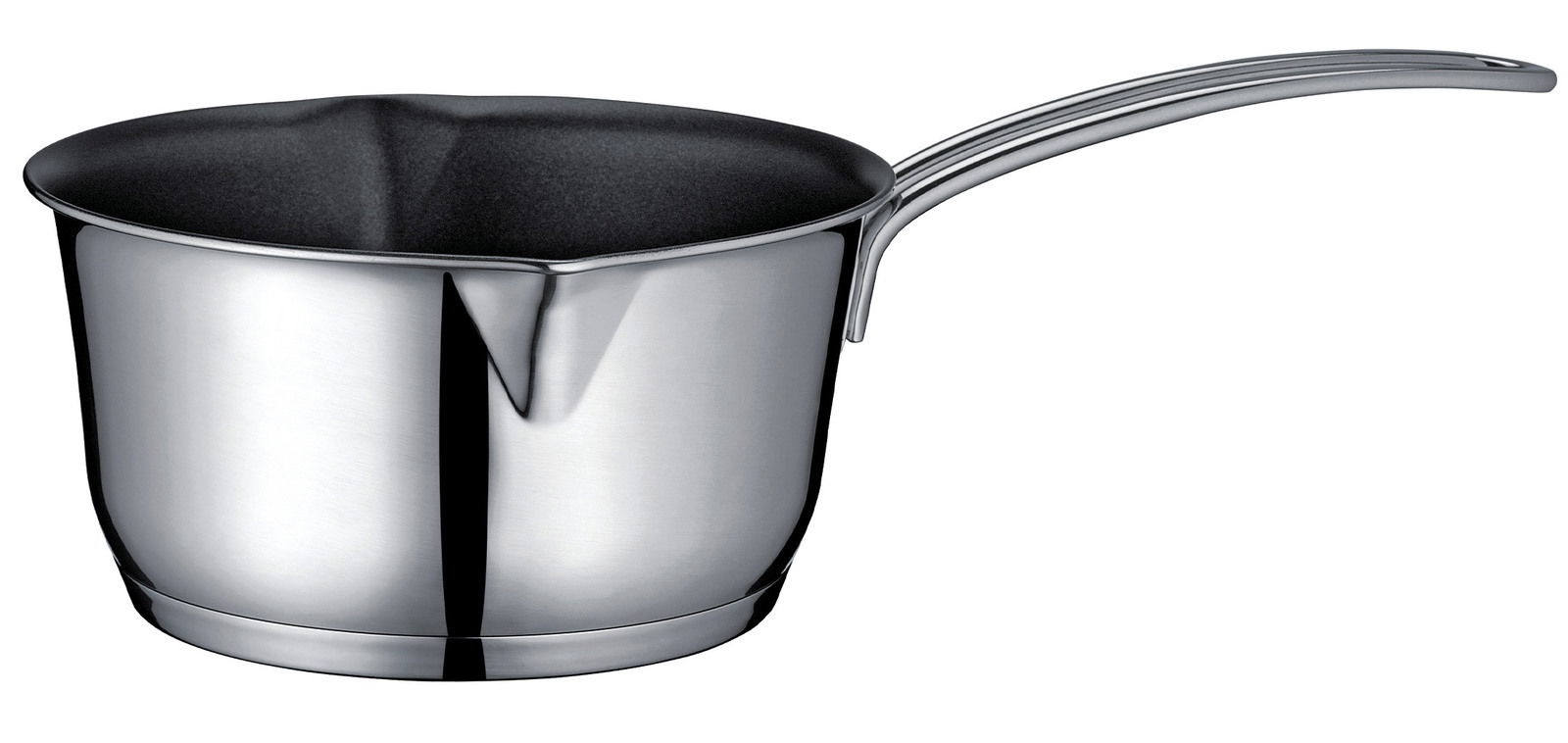 Stieltopf CAPRI antihaft 1L aus Edelstahl mit Ausguss und langem Griff, seitliche Perspektive