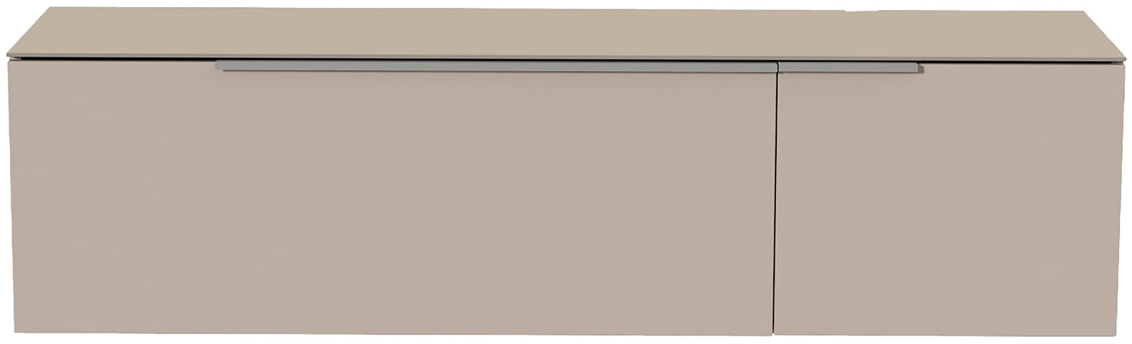Frontansicht eines modernen, hängenden Lowboards in Beige mit zwei Türen und einem schmalen Griff.