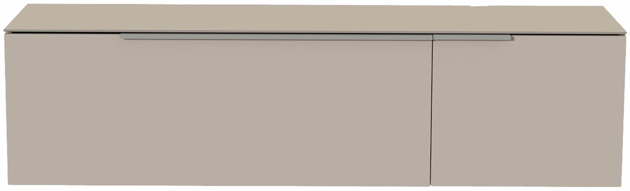 Frontansicht eines modernen, hängenden Lowboards in Beige mit zwei Türen und einem schmalen Griff.