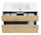 Waschtisch mit Holzoptik und zwei offenen Schubladen, Ansicht von vorne