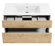 Waschtisch mit Holzoptik und zwei offenen Schubladen, Ansicht von vorne