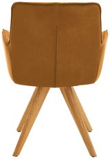 Rückansicht eines Design-Schalensessels mit braunem Lederbezug und Holzbeinen.