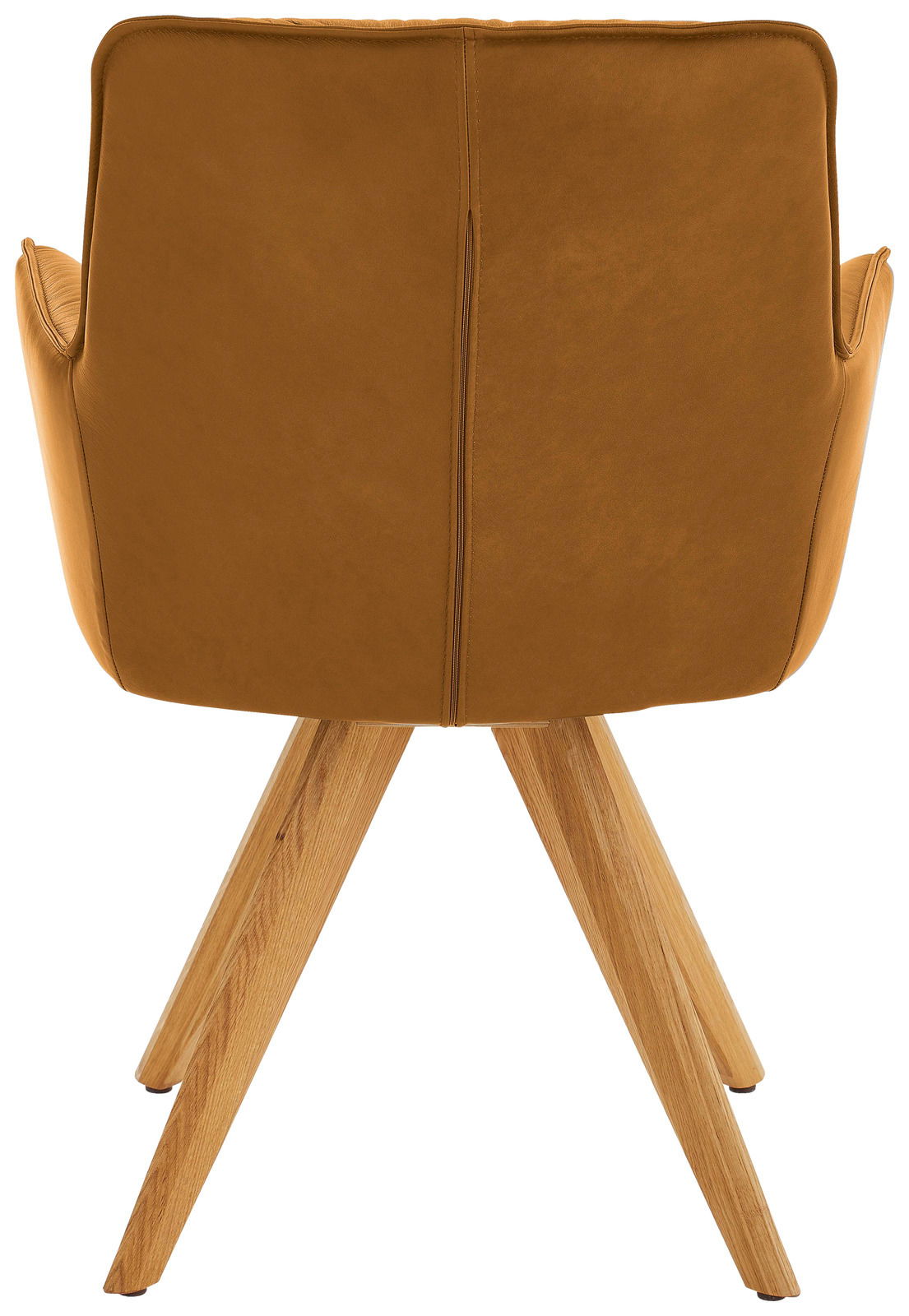 Dieter Knoll Design-Schalensessel PREMIO Rückansicht eines Design-Schalensessels mit braunem Lederbezug und Holzbeinen.