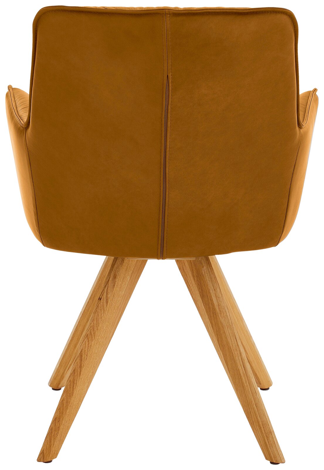 Dieter Knoll Design-Schalensessel PREMIO Rückansicht eines Design-Schalensessels mit braunem Lederbezug und Holzbeinen.