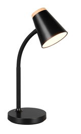 Moderne schwarze Tischleuchte mit konischem Lampenschirm und Holzdetail, seitliche Perspektive