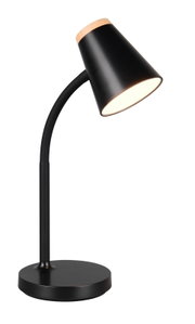 Moderne schwarze Tischleuchte mit konischem Lampenschirm und Holzdetail, seitliche Perspektive