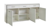 Weißes Sideboard mit drei Schubladen und drei offenen Türen, frontale Ansicht