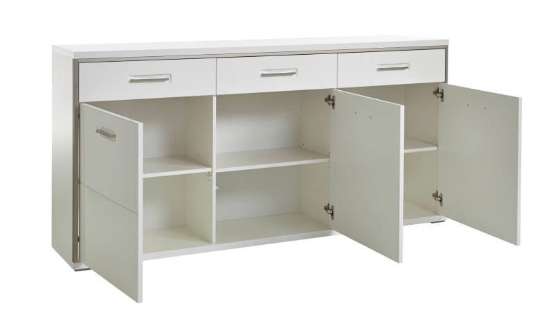 Weißes Sideboard mit drei Schubladen und drei offenen Türen, frontale Ansicht