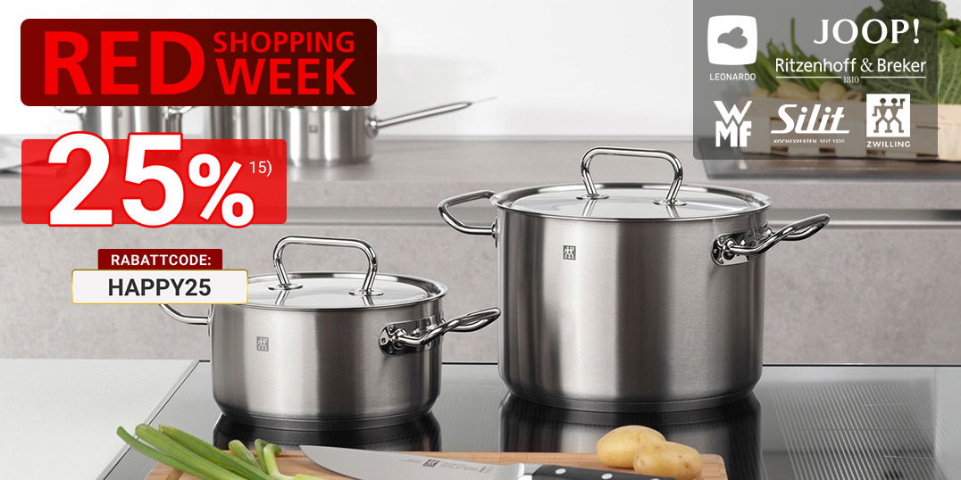 Edelstahl-Kochtöpfe auf Herd, Schneidebrett mit Messer und Gemüse, Red Week Aktion mit Markenlogos