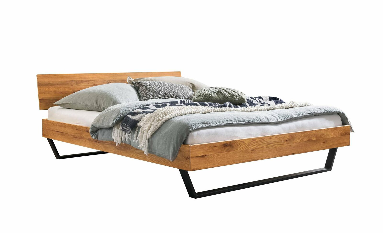 Modernes Bettgestell aus Holz mit schwarzem Metallrahmen, seitliche Perspektive