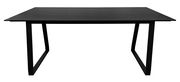 Moderner schwarzer Esstisch mit rechteckiger Tischplatte und stabilen Metallbeinen, Frontalansicht.