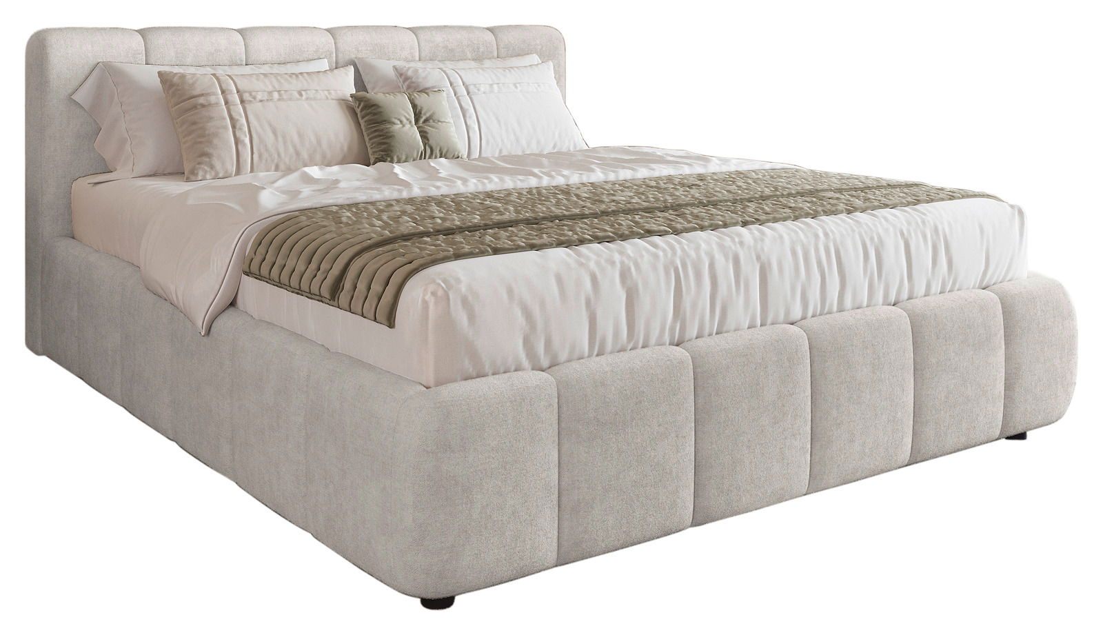 Polsterbettgestell in hellem Stoff mit Kissen und Decke, seitliche Perspektive