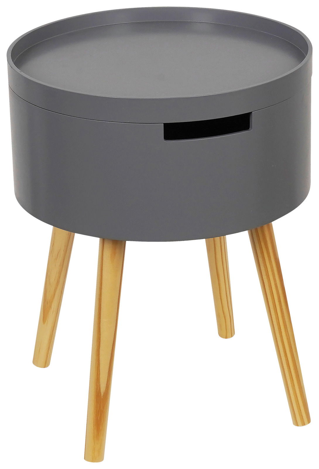 Moderner grauer Beistelltisch mit runder Form und Holzbeinen, seitliche Perspektive