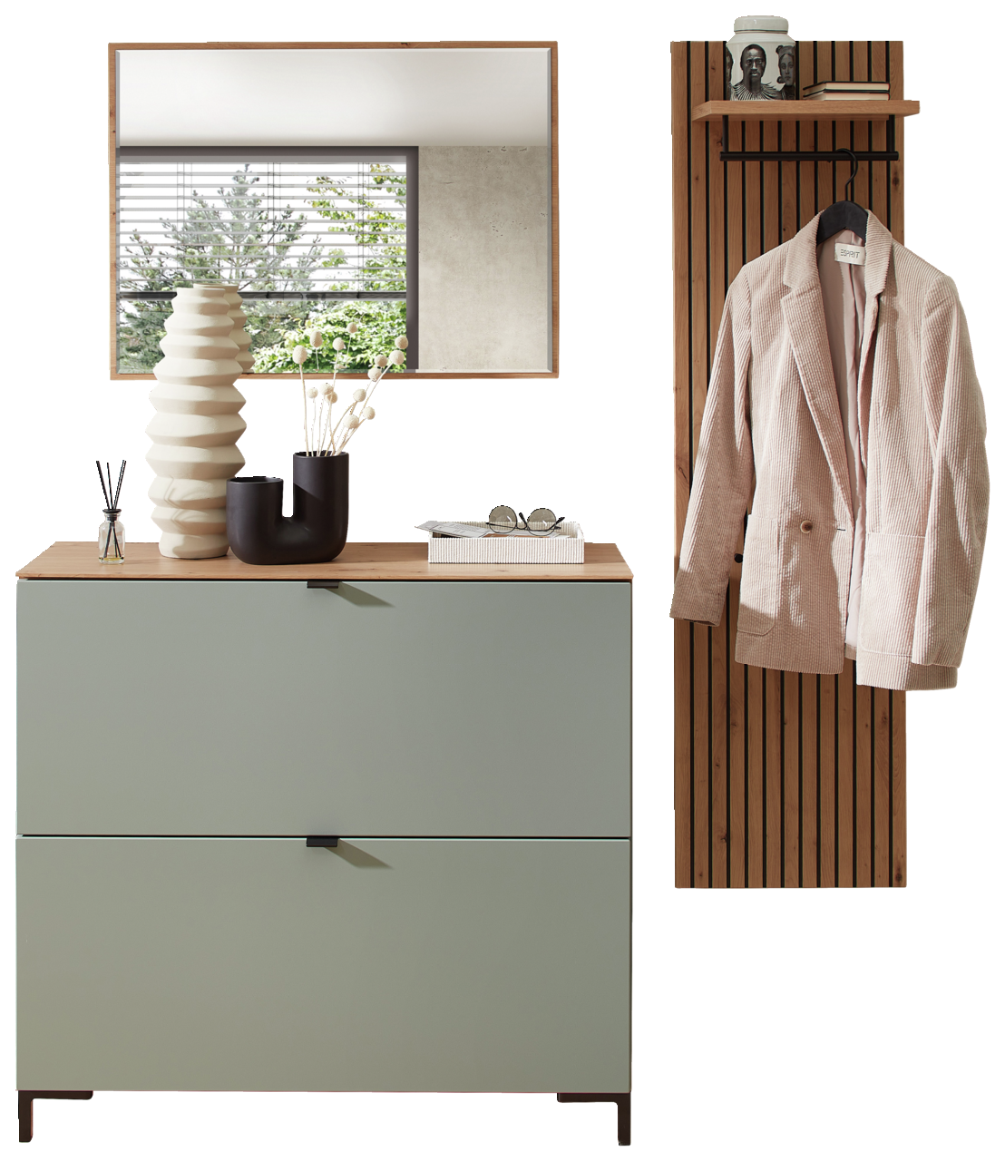 Voleo Garderoben-Set DIANA Garderoben-Set Schilf bestehend aus einem modernen, grünen Schrank mit zwei Schubladen, einem Spiegel darüber und einer hölzernen Garderobenleiste mit Haken und Ablage. Perspektive: Frontalansicht.