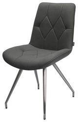 Moderner grauer Stuhl mit gepolsterter Sitzfläche und Rückenlehne, sowie Metallbeinen, seitliche Perspektive