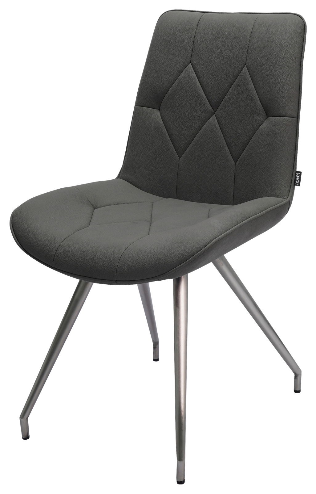 Moderner grauer Stuhl mit gepolsterter Sitzfläche und Rückenlehne, sowie Metallbeinen, seitliche Perspektive