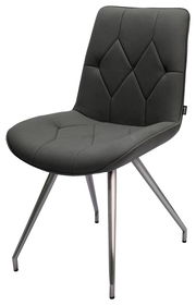 Moderner grauer Stuhl mit gepolsterter Sitzfläche und Rückenlehne, sowie Metallbeinen, seitliche Perspektive