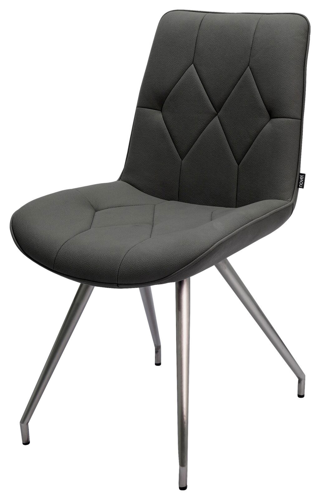 Moderner grauer Stuhl mit gepolsterter Sitzfläche und Rückenlehne, sowie Metallbeinen, seitliche Perspektive