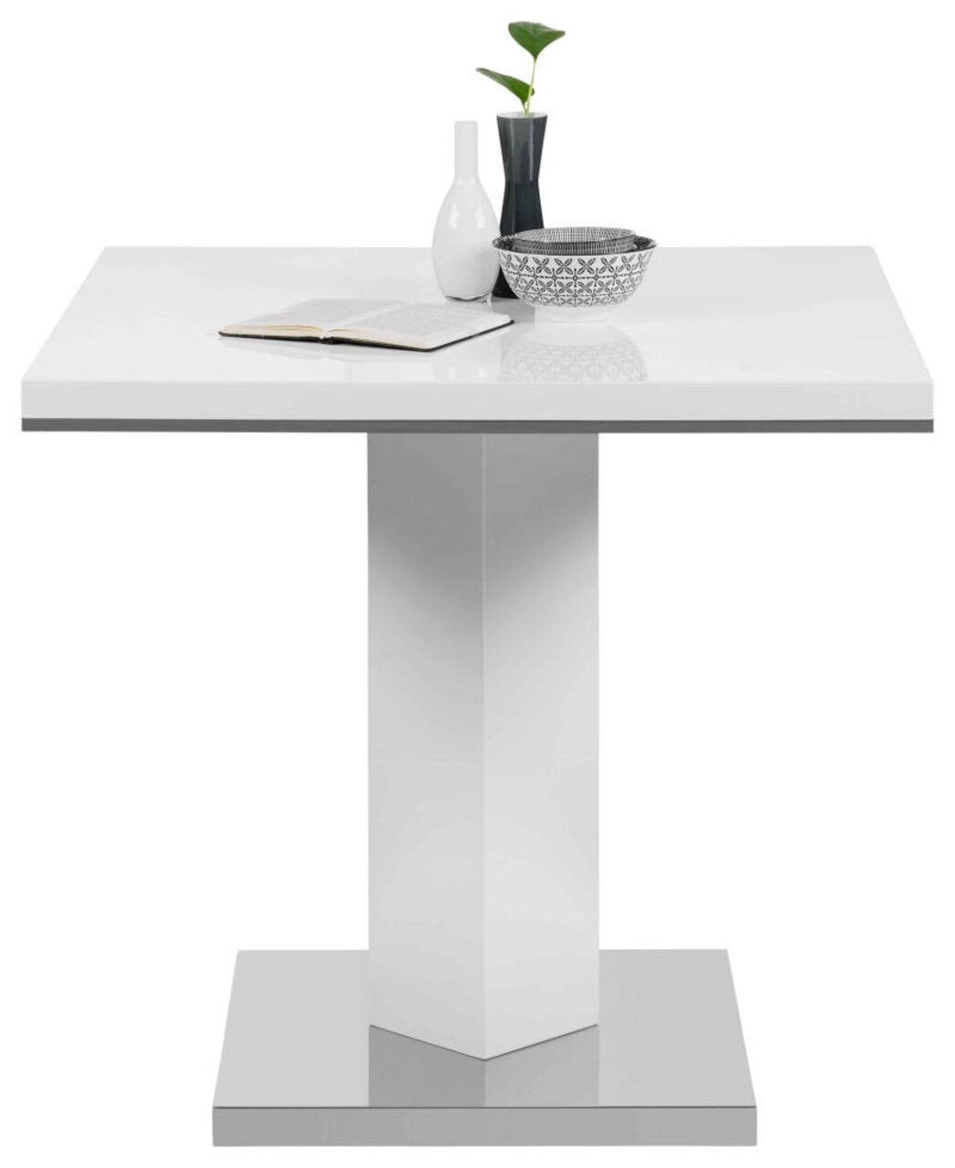 Z2 Eettafel PICCOLO Moderne witte eettafel met vierkant tafelblad en centrale voet, versierd met vazen en een schaal, gezien van voren.