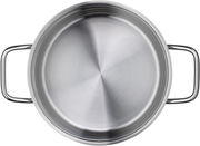 Top-Ansicht eines Edelstahlkochtopfs mit zwei Griffen, Teil eines 6-teiligen Kochgeschirrsets.