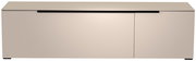 Modernes TV-Lowboard in Beige mit glatter Oberfläche, frontal betrachtet.