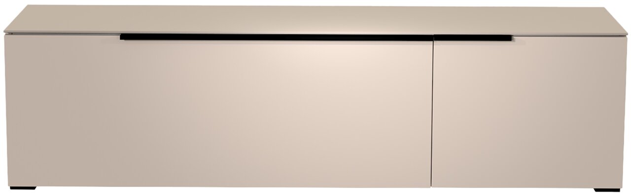 Modernes TV-Lowboard in Beige mit glatter Oberfläche, frontal betrachtet.