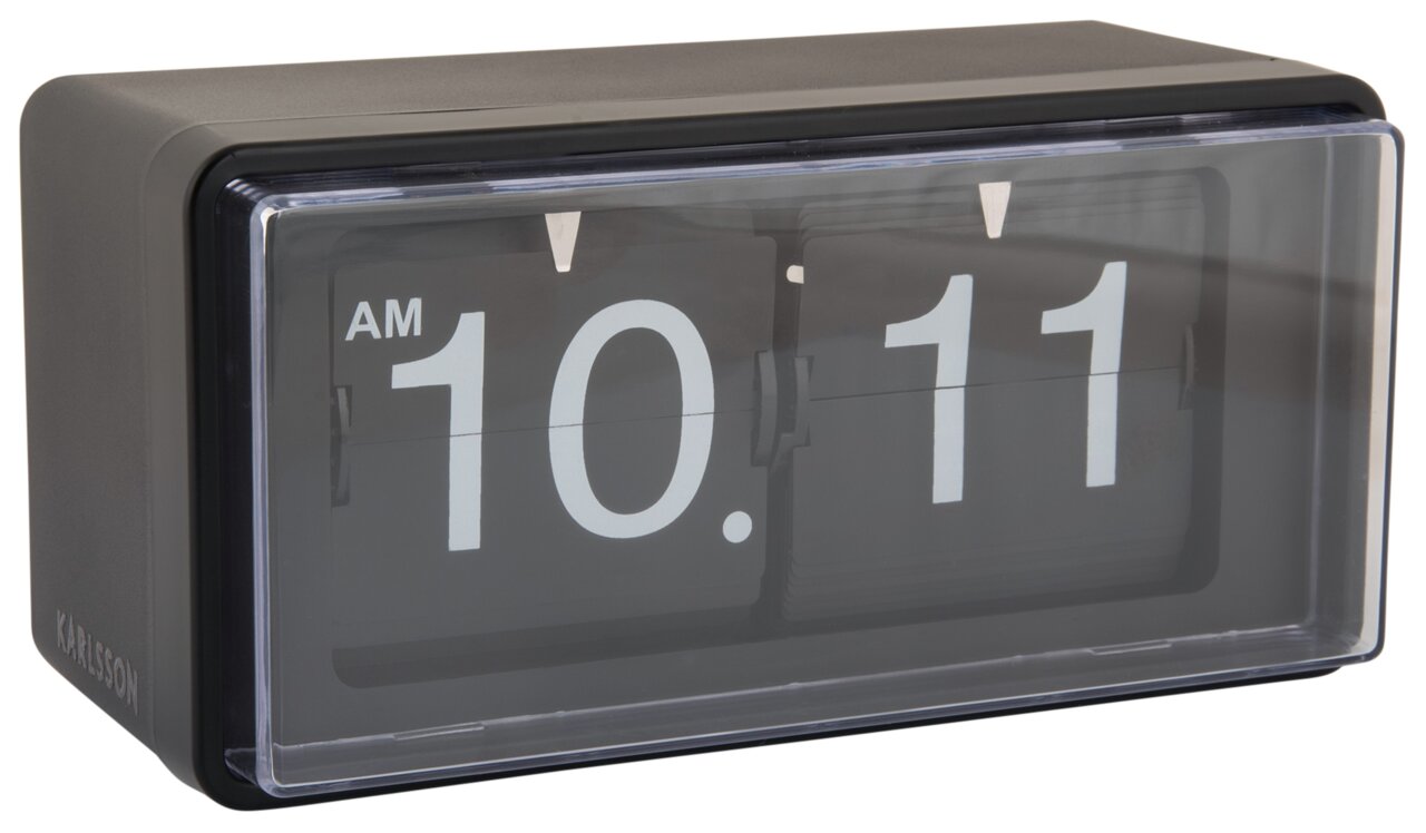 Retro Flip-Uhr in Schwarz mit weißer Anzeige, seitliche Perspektive