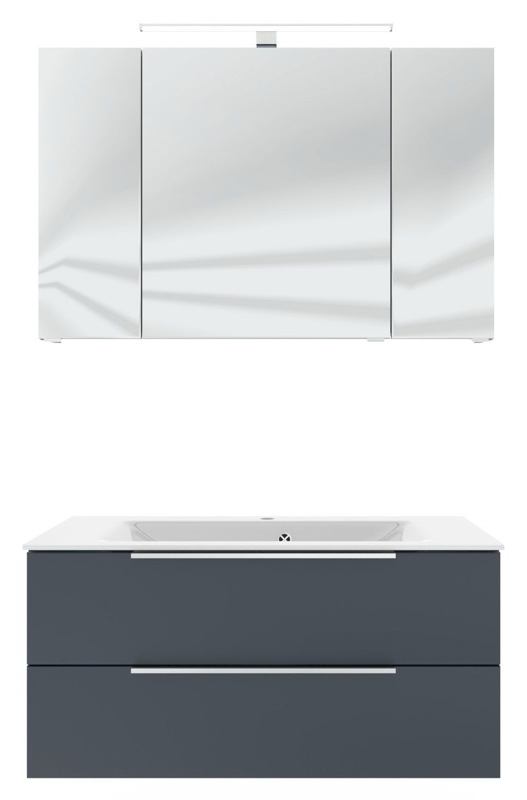 Moderne Badkombination mit Spiegelschrank und Waschbeckenunterschrank, Frontalansicht