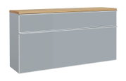 Grauer, moderner Schrank/Sideboard mit Holzplatte und zwei horizontalen Frontlinien, freigestellt auf weißem Hintergrund, Perspektive: leicht schräg von vorne links.
