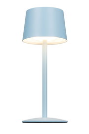 Blaue Akku-Tischleuchte in Frontalansicht mit modernem Design und konischem Lampenschirm.