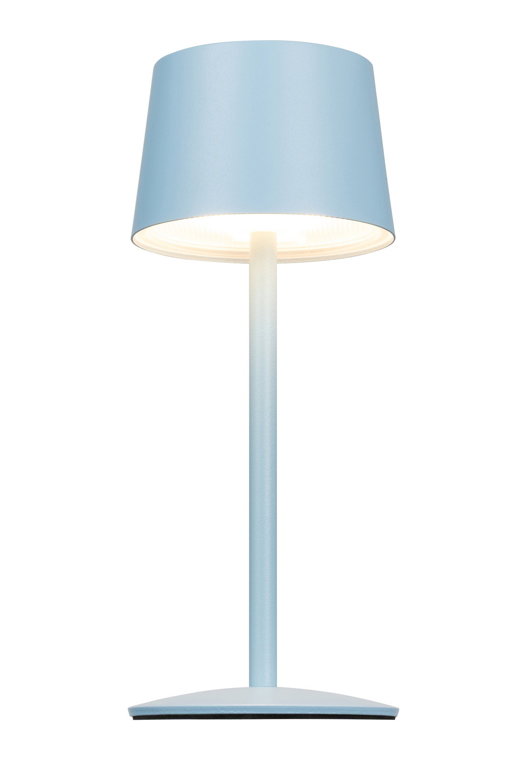 Blaue Akku-Tischleuchte in Frontalansicht mit modernem Design und konischem Lampenschirm.