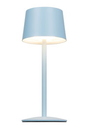 Blaue Akku-Tischleuchte in Frontalansicht mit modernem Design und konischem Lampenschirm.