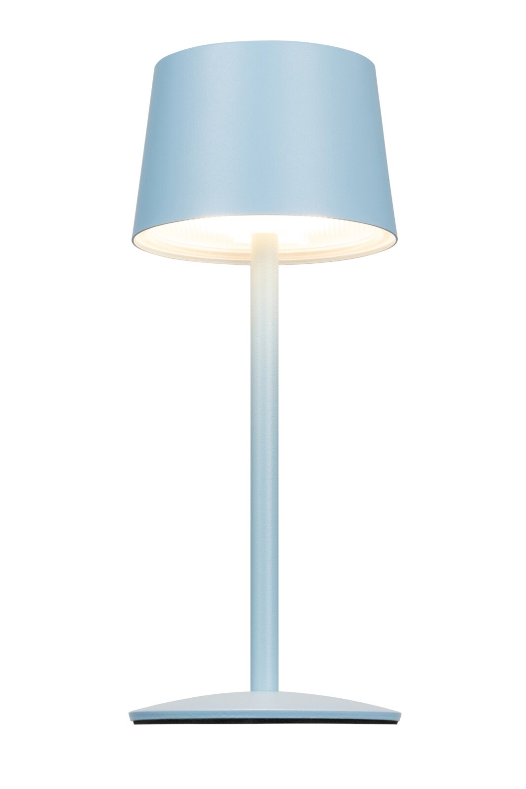 Blaue Akku-Tischleuchte in Frontalansicht mit modernem Design und konischem Lampenschirm.
