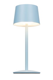 Blaue Akku-Tischleuchte in Frontalansicht mit modernem Design und konischem Lampenschirm.