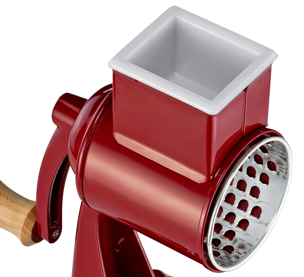 Rote Trommelreibe CLASSIC mit Holzgriff, seitliche Perspektive