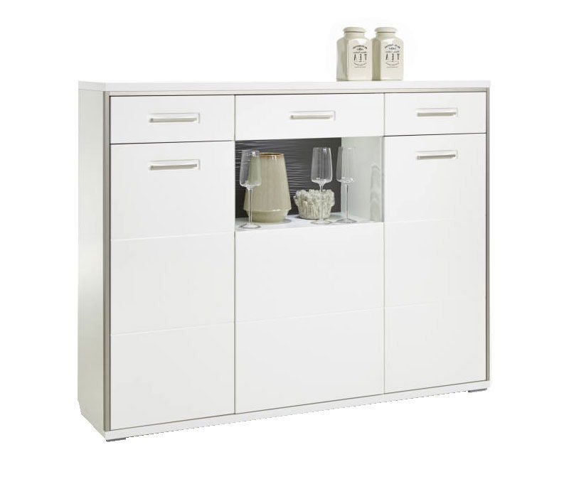 Weißes Highboard mit drei Schubladen und offener Ablage, frontal fotografiert.