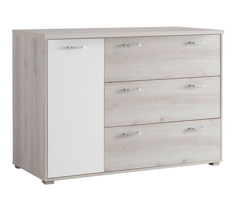 Kommode mit drei Schubladen und einer Tür in Holzoptik, seitliche Perspektive