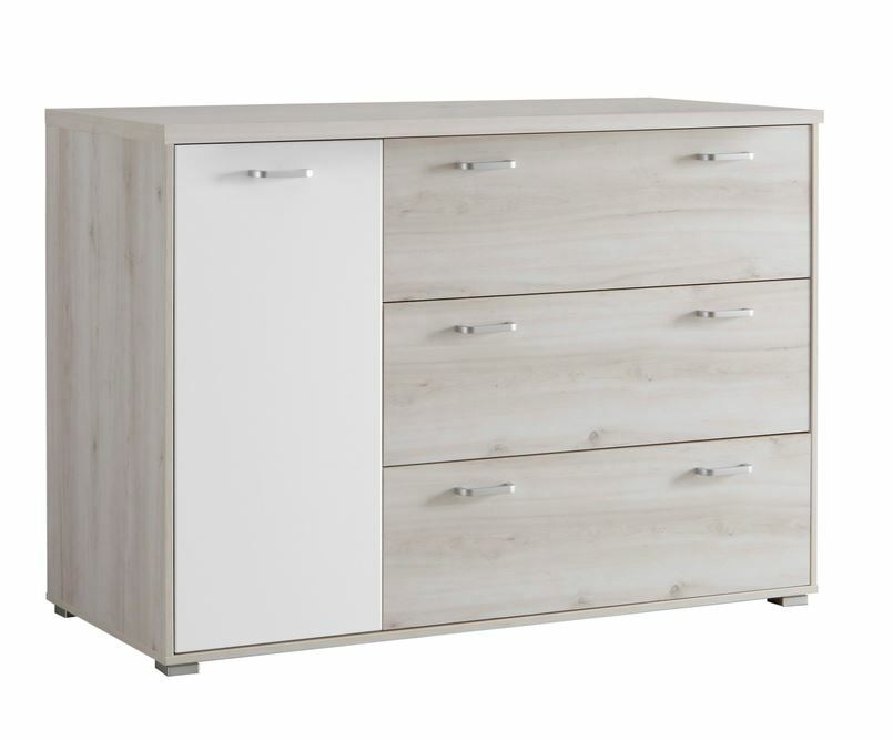 Kommode mit drei Schubladen und einer Tür in Holzoptik, seitliche Perspektive