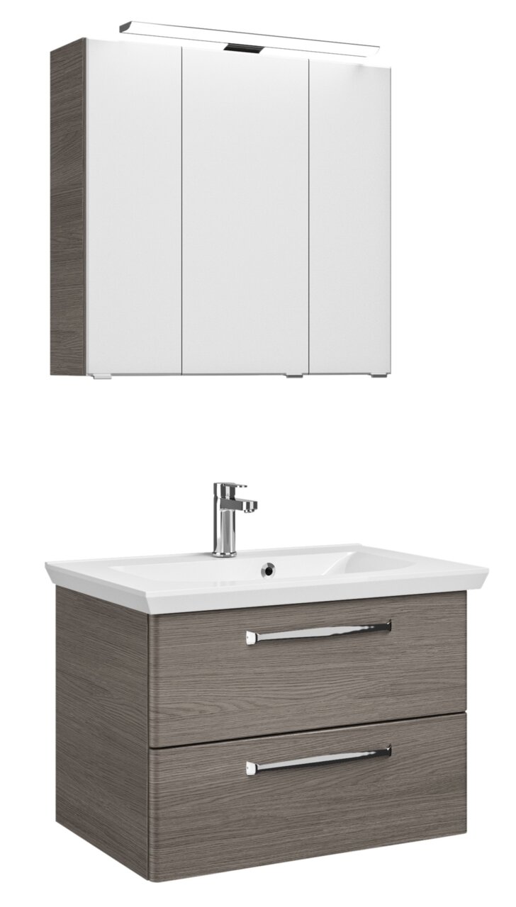 Moderner Badblock mit Spiegelschrank und Waschbecken, Frontansicht