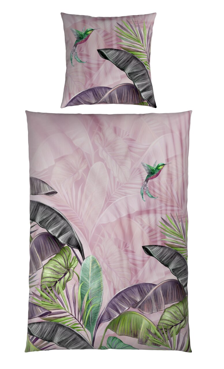 Wendebettwäsche mit tropischem Design, zeigt bunte Blätter und einen Kolibri auf rosa Hintergrund, aus der Vogelperspektive.