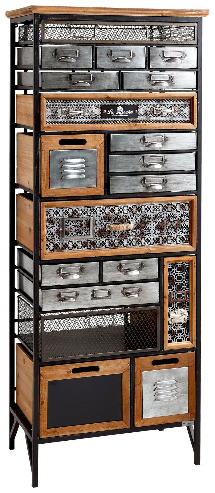 Landscape Hochkommode ELENA Hochkommode im industriellen Stil mit verschiedenen Schubladen aus Holz und Metall, frontal betrachtet.