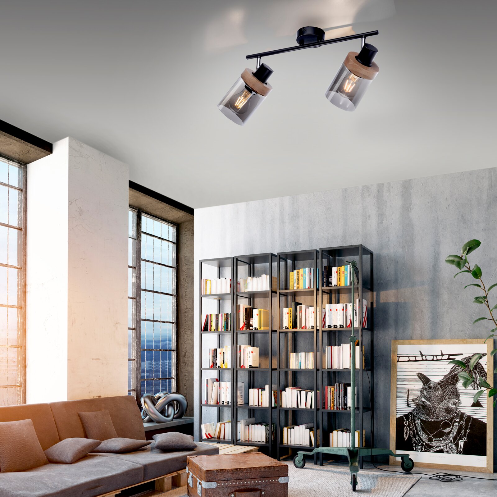 Just Light Deckenleuchte PASQUAL Moderne 2-flammige Deckenleuchte in Schwarz mit Holzdetails und zylindrischen Rauchglas-Schirmen, eingeschaltet in einem Wohnzimmer; Perspektive: schräg von unten (Untersicht)