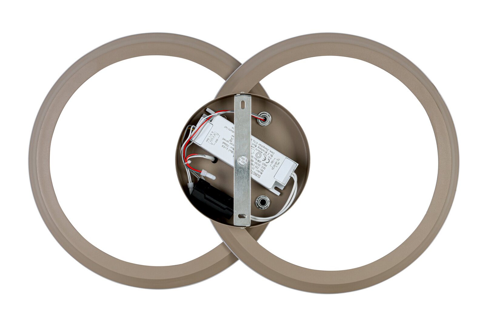 LED-plafondlamp met twee overlappende ringen, gezien van onderaf