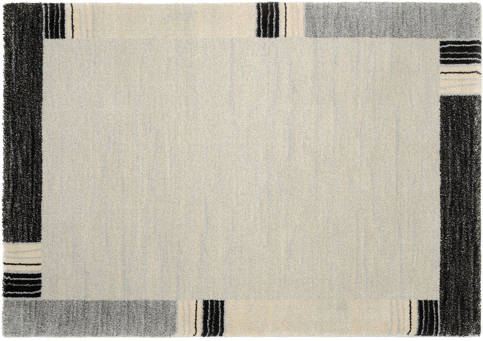 Frisé-Teppich in Draufsicht mit geometrischem Muster in Schwarz, Grau und Cremefarben.