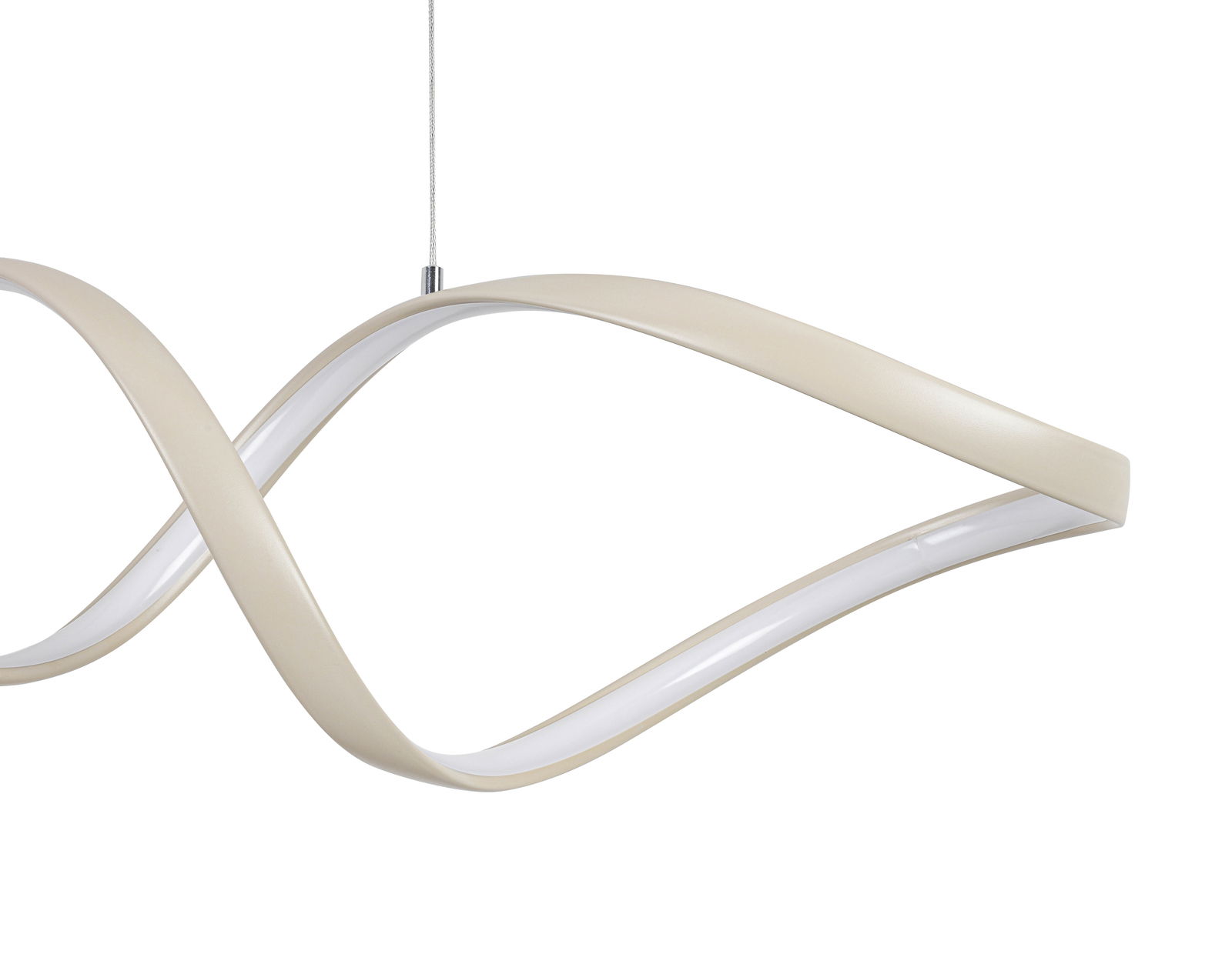 Moderne LED-Hängeleuchte in geschwungenem Design, seitliche Perspektive