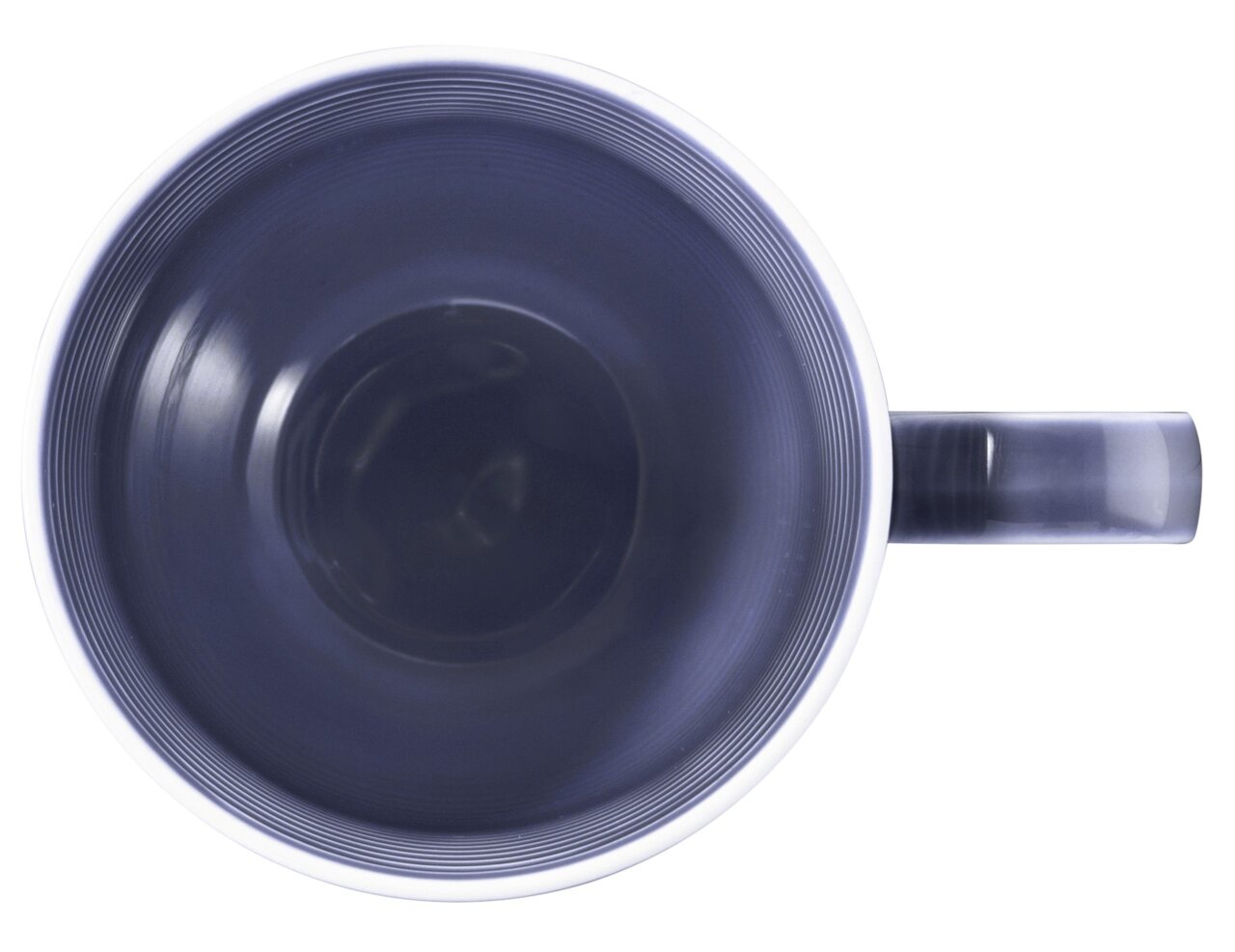 Ansicht von oben auf einen blauen Becher mit Henkel, 0,35 l Fassungsvermögen.