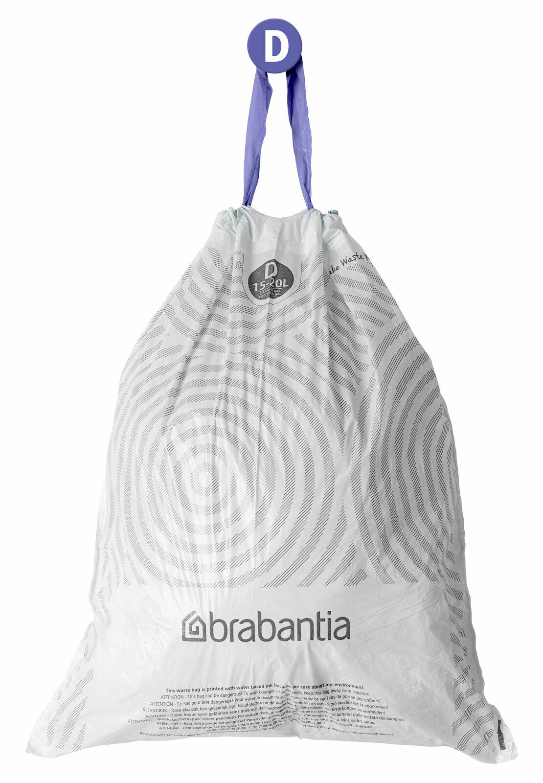 Brabantia 20 Müllbeutel PERFECTFIT Müllbeutel von Brabantia, Größe D, mit lila Tragegriffen, Vorderansicht