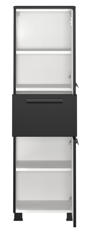 Moderner Midischrank in Schwarz mit offenen Türen, frontal betrachtet.